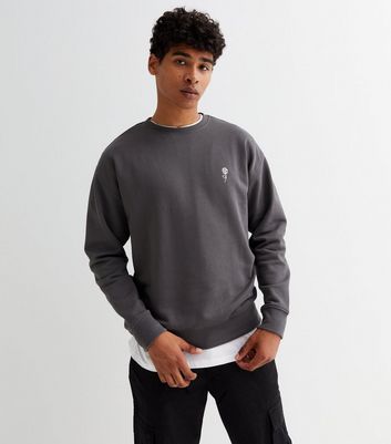 Dark Grey Rose Embroidered Crew Neck Sweatshirt | New Look