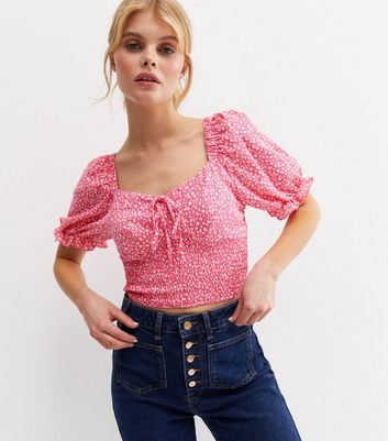 Click to view product details and reviews for Cameo Rose Pink Floral Shirred Tie Front Crop Top New Look.