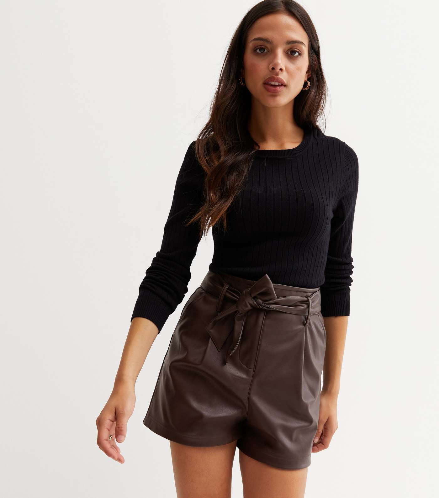 Dark Brown Leather-Look Belted Shorts