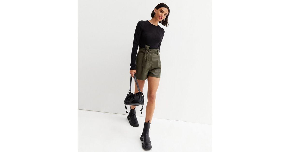 Khaki LeatherLook Belted Shorts New Look