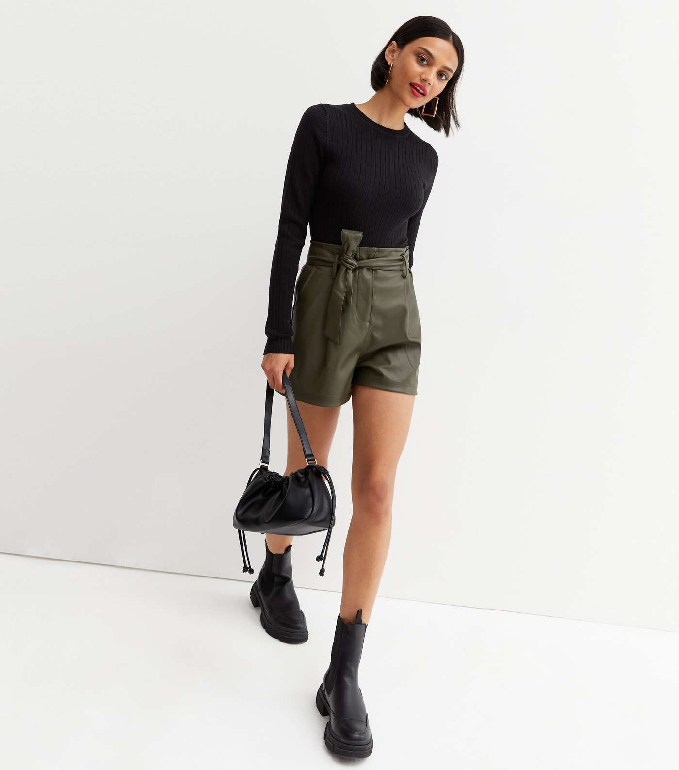 Khaki Leather-Look Belted Shorts