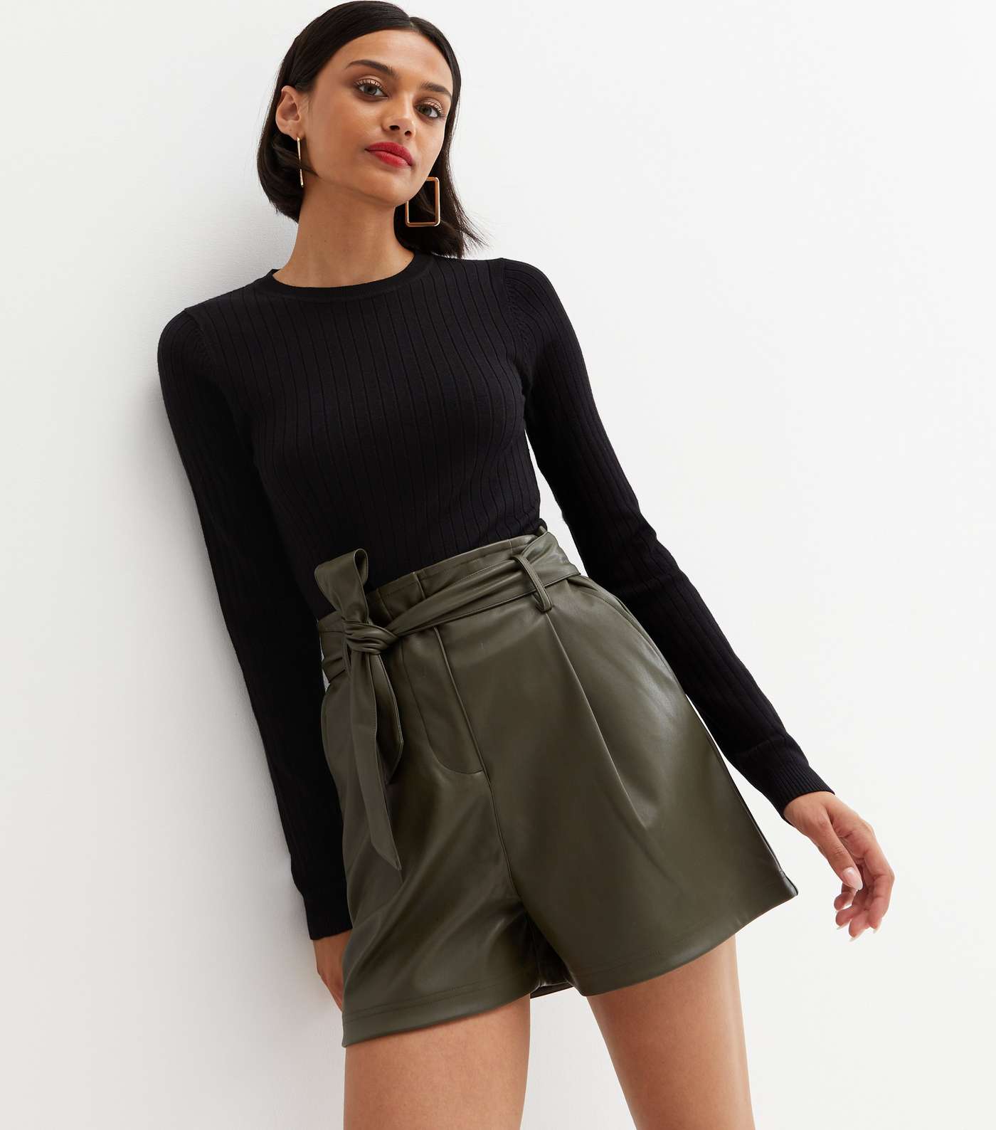 Khaki Leather-Look Belted Shorts Image 3