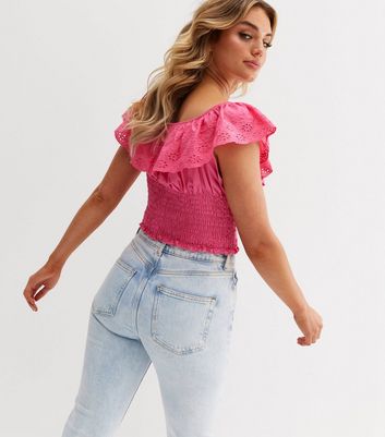 Cameo Rose Bright Pink Shirred Broderie Crop Top New Look