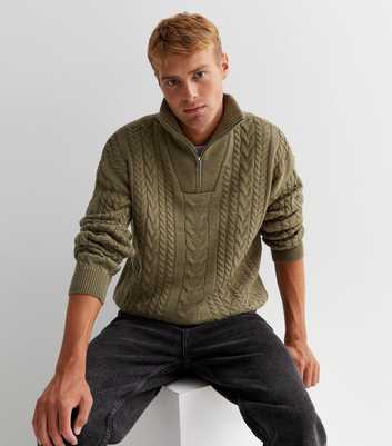 Olive Cable Knit Zip High Neck Relaxed Jumper
