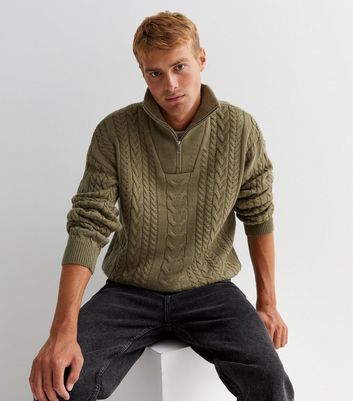 New Look Men's Olive Cable Knit Zip High Neck Relaxed Jumper - S
