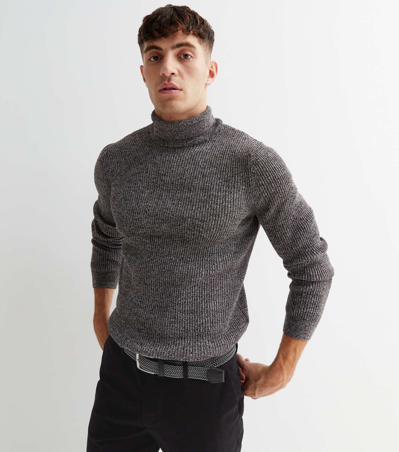 Dark Grey Ribbed Knit Roll Neck Muscle Fit Jumper