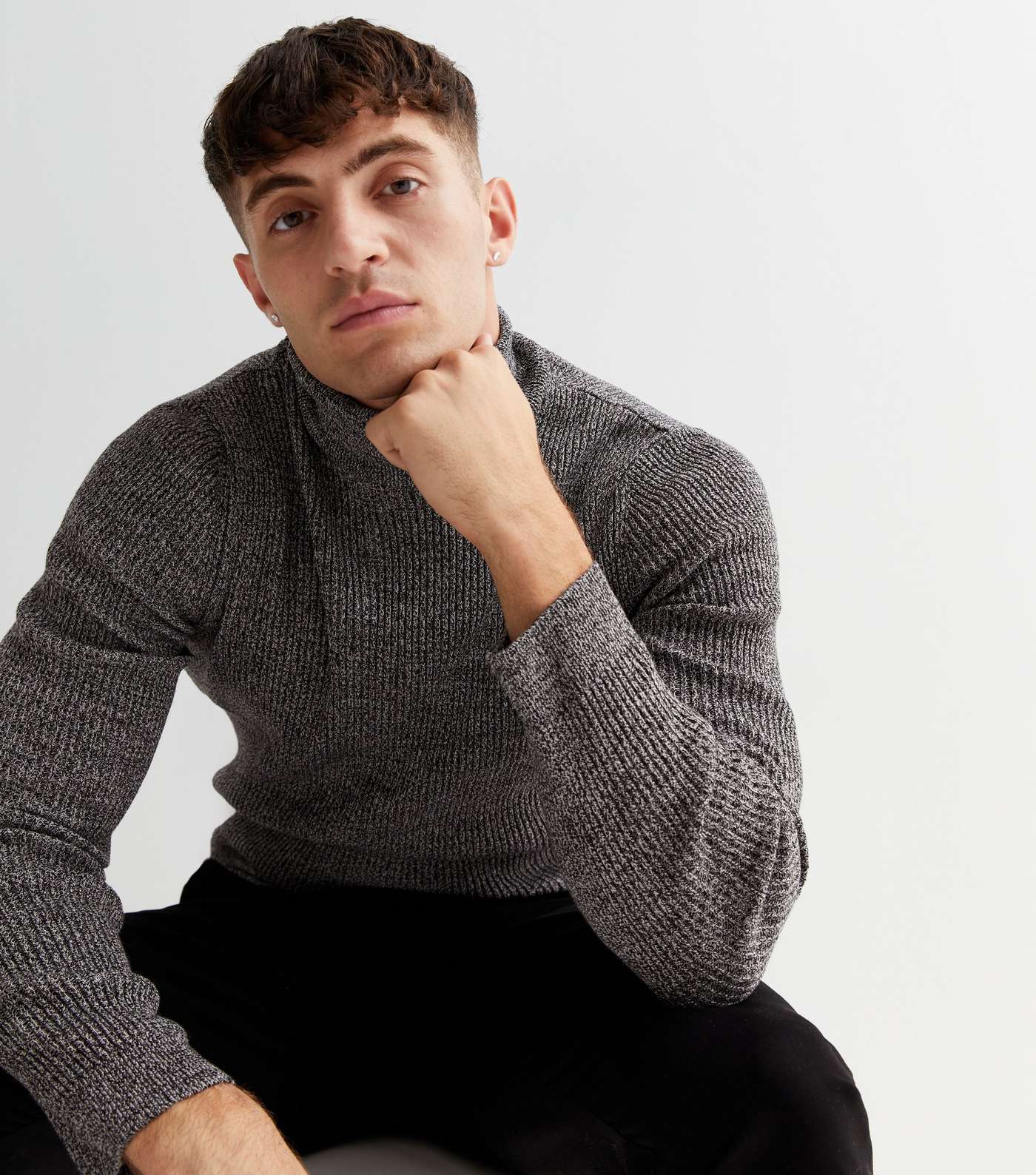 Dark Grey Ribbed Knit Roll Neck Muscle Fit Jumper Image 3