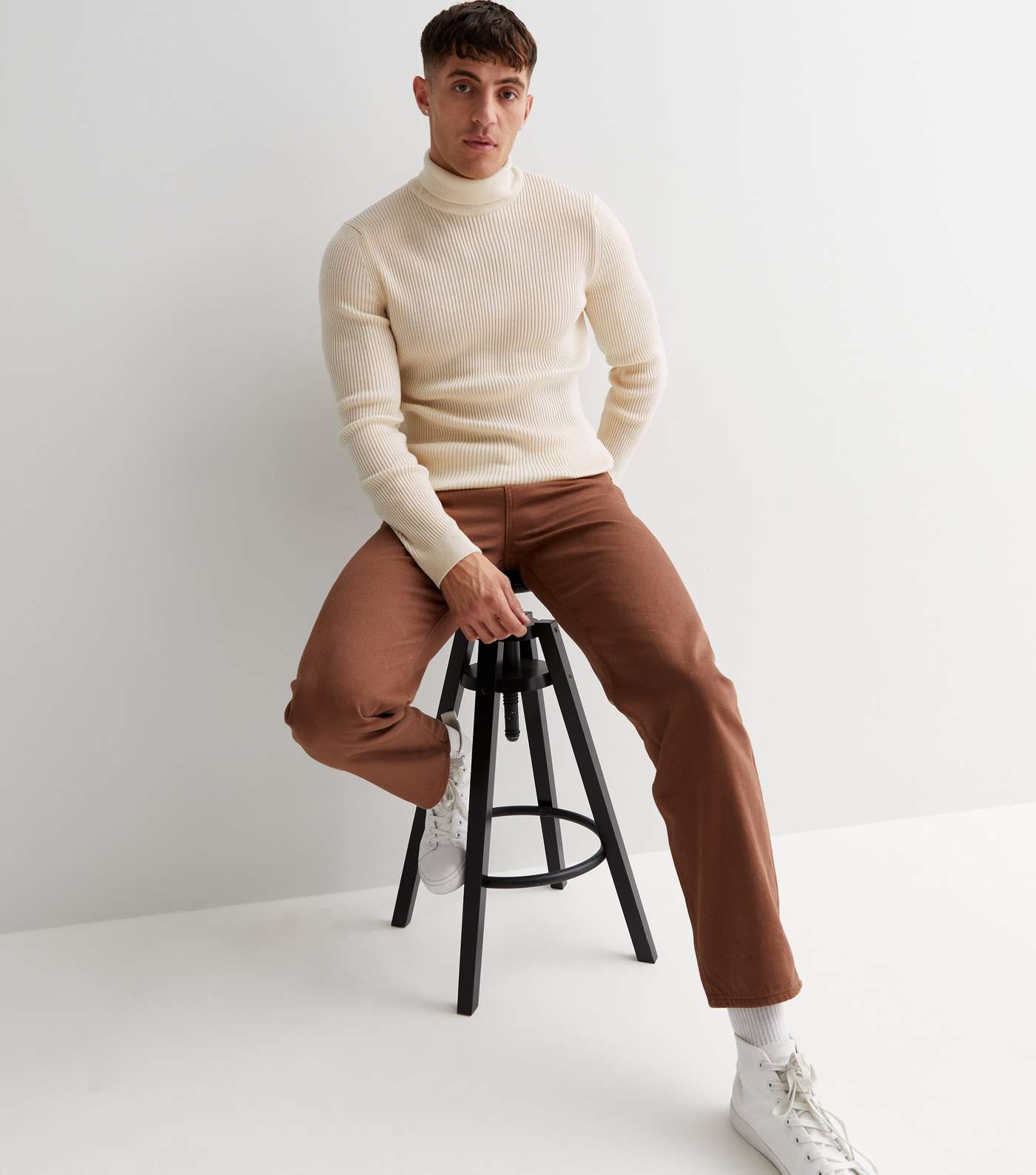 Off White Ribbed Knit Roll Neck Muscle Fit Jumper Image 3