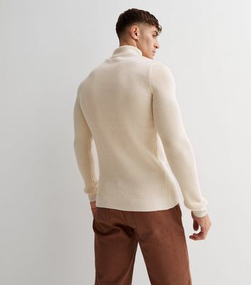 Off White Ribbed Knit Roll Neck Muscle Fit Jumper | New Look