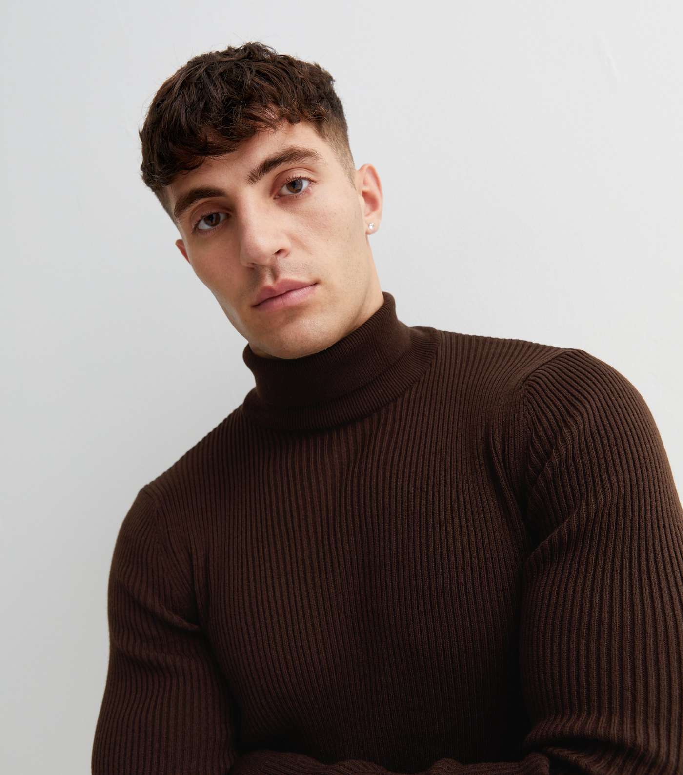 Dark Brown Ribbed Knit Roll Neck Muscle Fit Jumper Image 3