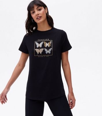 Black Metallic Butterfly Animal Print Logo T Shirt New Look