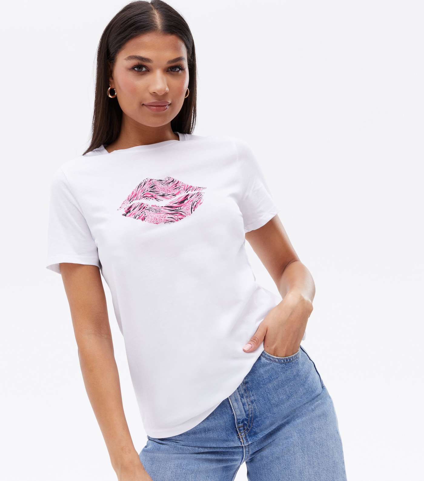 White Animal Print Lips Crew T-Shirt