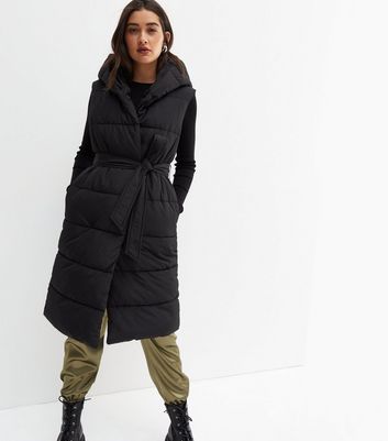 Black Long Hooded Belted Gilet | New Look