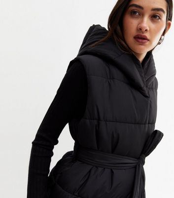 Black Long Hooded Belted Gilet | New Look