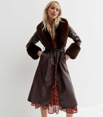 Dark Brown Leather-Look Faux Fur Trim Belted Coat