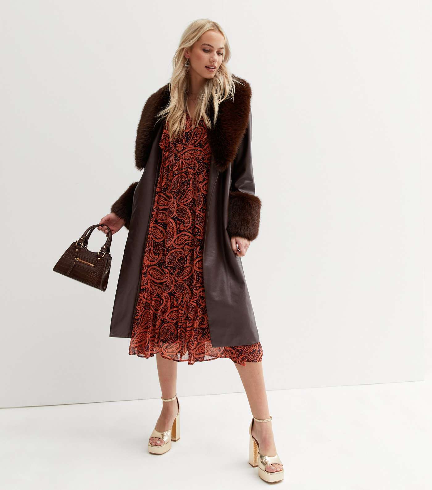 Dark Brown Leather-Look Faux Fur Trim Belted Coat Image 2