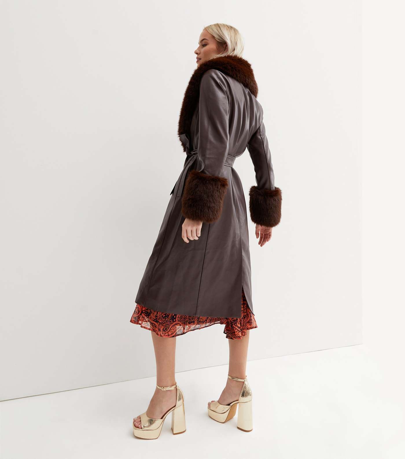Dark Brown Leather-Look Faux Fur Trim Belted Coat Image 4