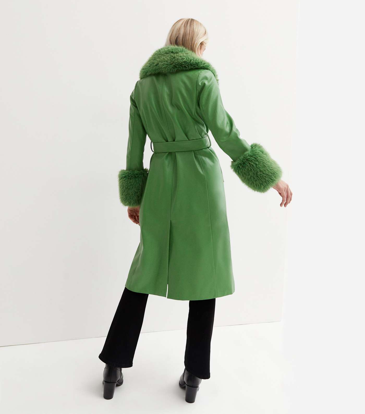 Green Leather-Look Faux Fur Trim Belted Coat Image 4
