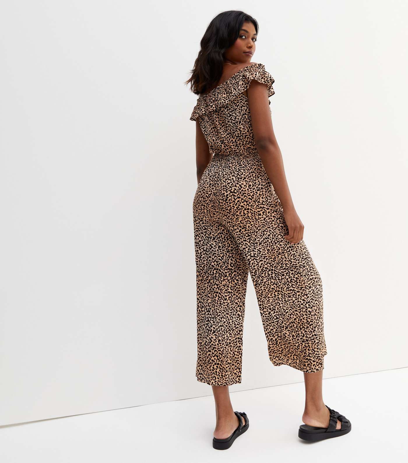 Brown Leopard Print Frill Bardot Wide Leg Crop Jumpsuit Image 4