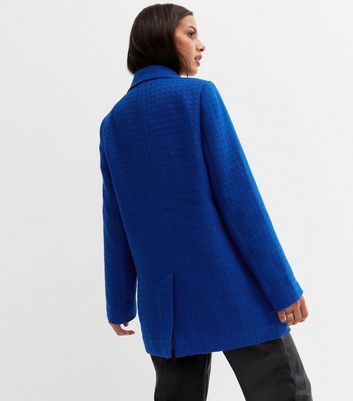 Blue Boucle Double Breasted Long Blazer New Look