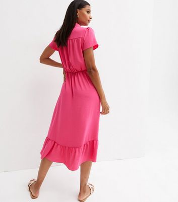 Damen Bekleidung Bright Pink Tie Front Tiered Midi Shirt Dress