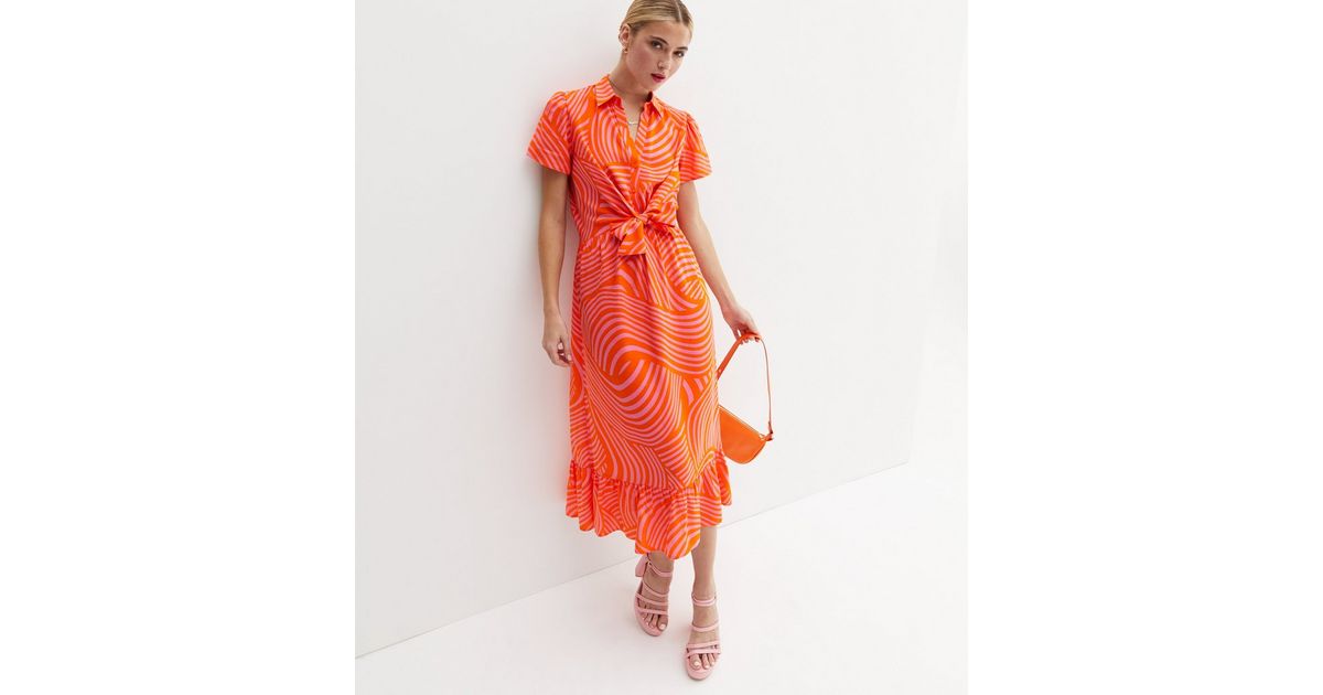 Orange Wavy Collared Tie Front Ruffle Hem Midi Shirt Dress New Look