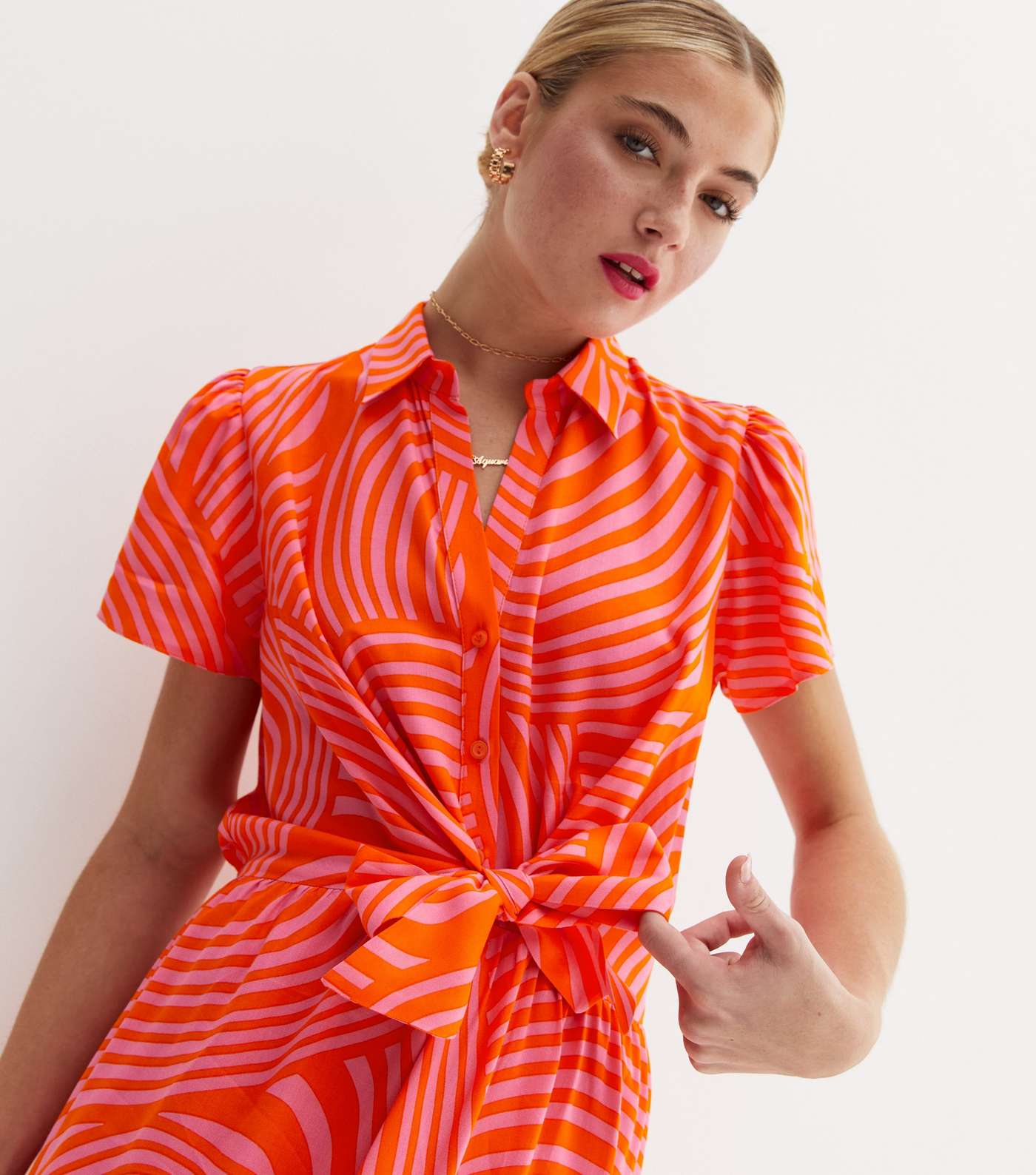 Orange Wavy Collared Tie Front Ruffle Hem Midi Shirt Dress Image 3