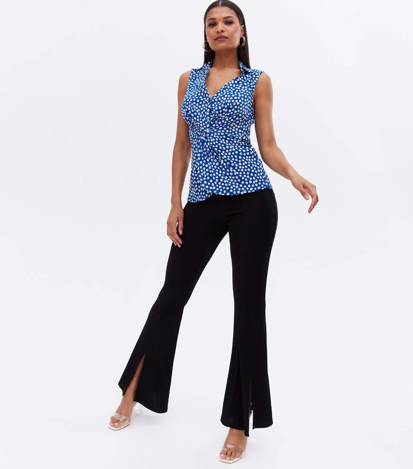 Blue Spot Collared Twist Front Sleeveless Blouse Image 2