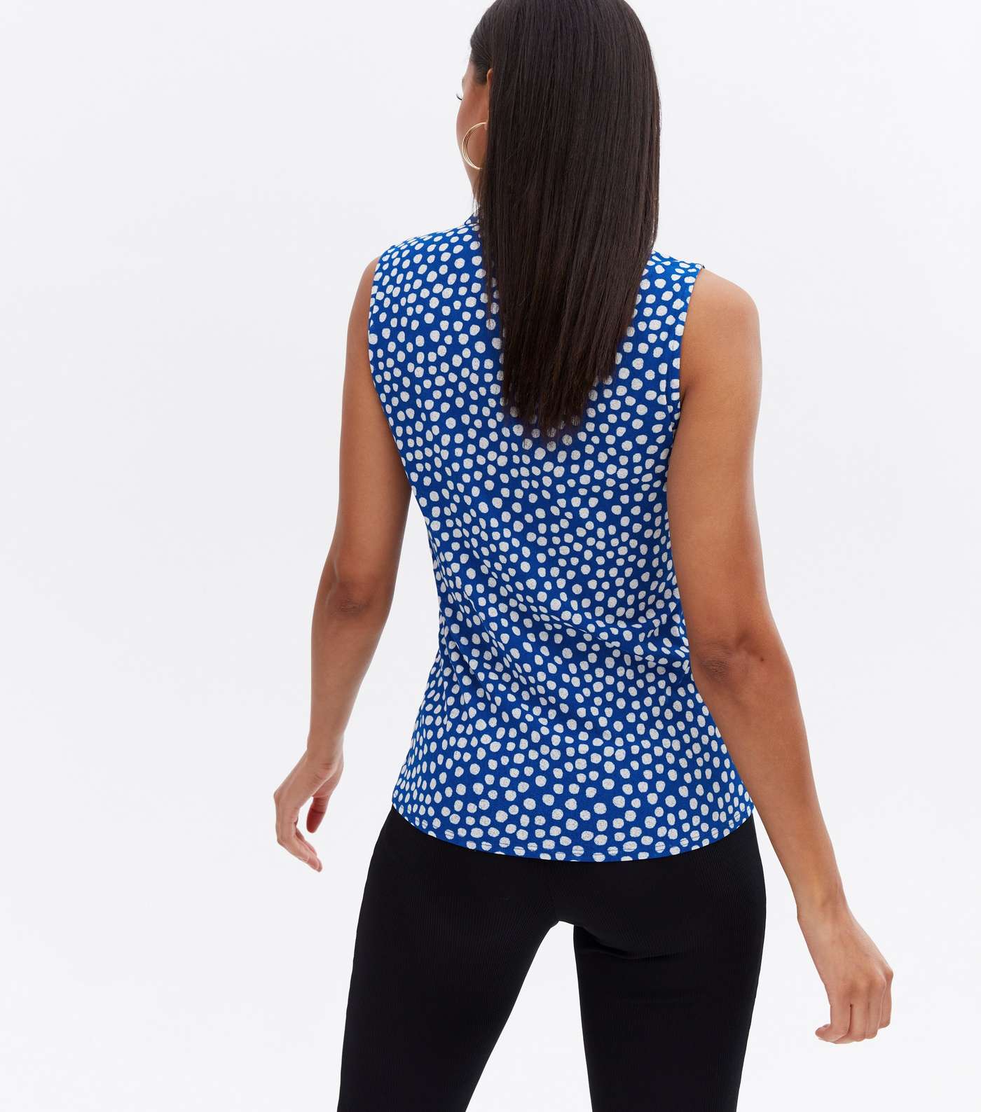 Blue Spot Collared Twist Front Sleeveless Blouse Image 4