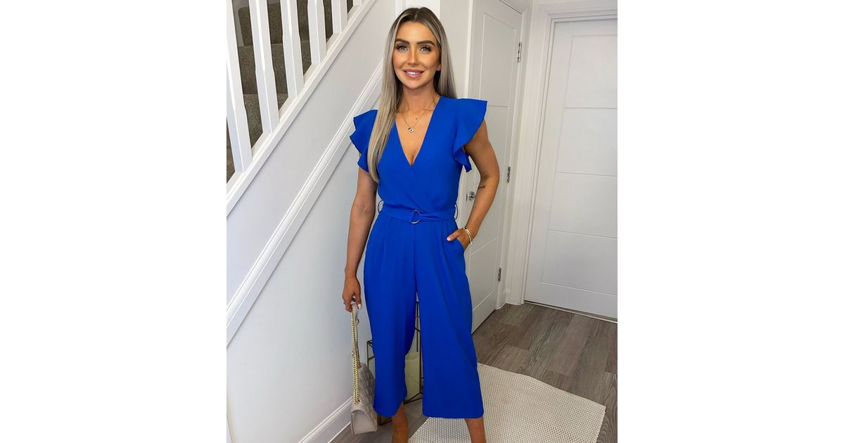 AX Paris Blue Frill Belted Crop Wrap Jumpsuit New Look