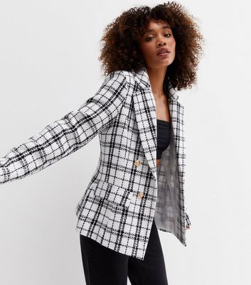 Black Check Bouclé Double Breasted Blazer | New Look