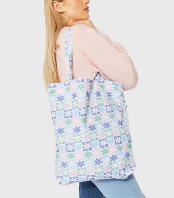 shop for Skinnydip Blue Floral Checkerboard Tote Bag New Look at Shopo