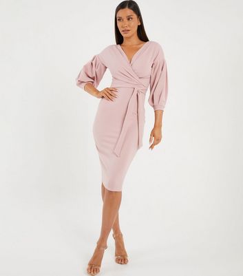 Damen Bekleidung QUIZ Pink Puff Sleeve Tie Waist Midi Wrap Dress