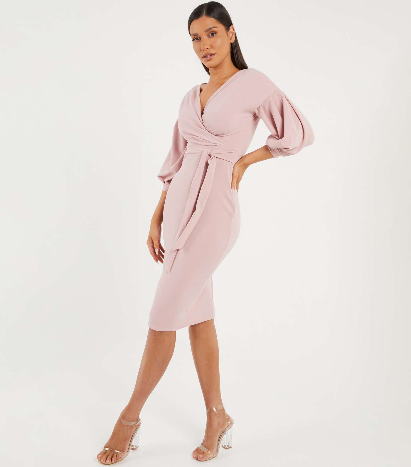 QUIZ Pink Puff Sleeve Tie Waist Midi Wrap Dress Image 2