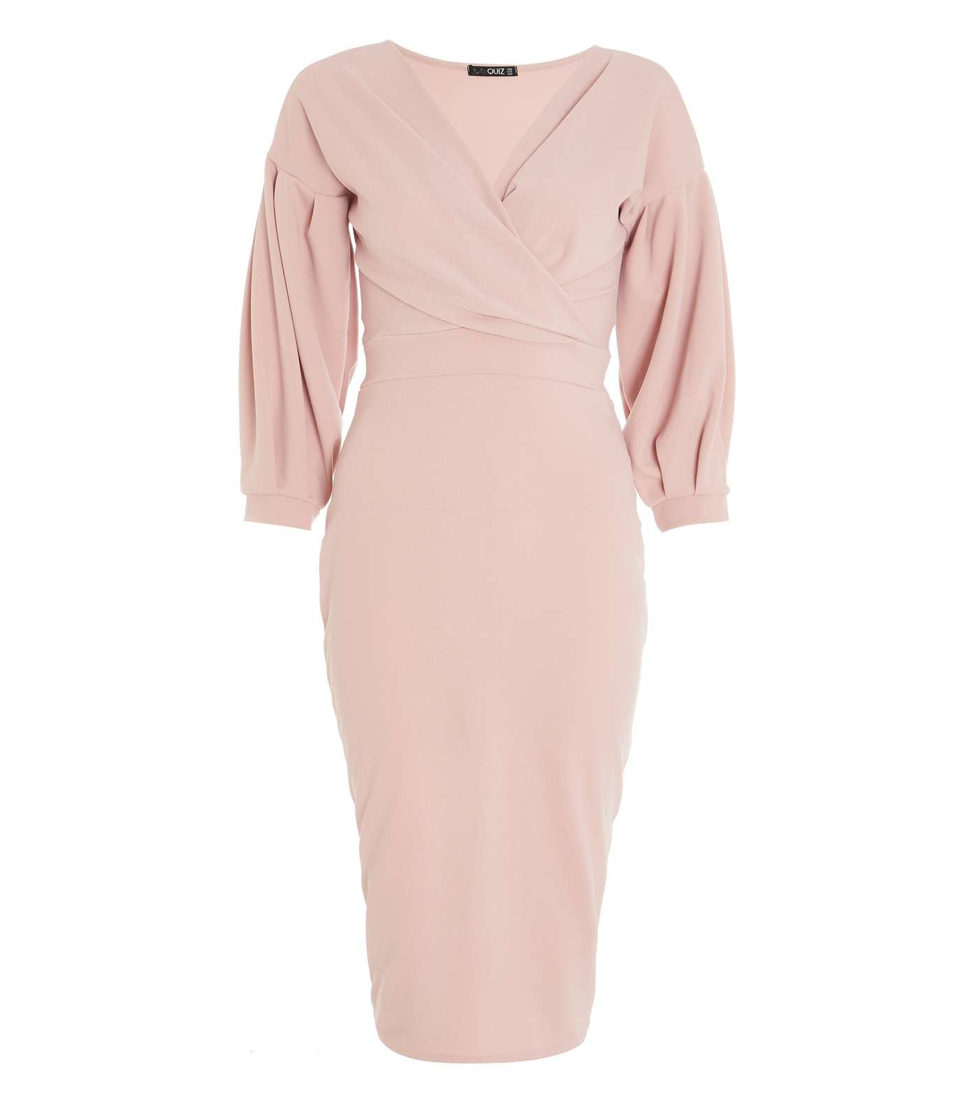 QUIZ Pink Puff Sleeve Tie Waist Midi Wrap Dress Image 4