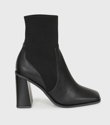 London Rebel Black Square Toe Block Heel Sock Boots | New Look