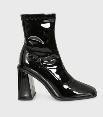 London Rebel Black Patent Flared Block Heel Sock Boots | New Look