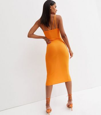 Orange Rib Ruched Sides Strappy Bodycon Dress