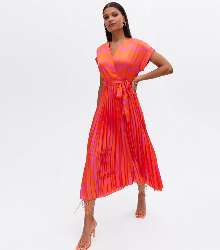 Pink Chevron Satin Pleated Midi Wrap Dress | New Look