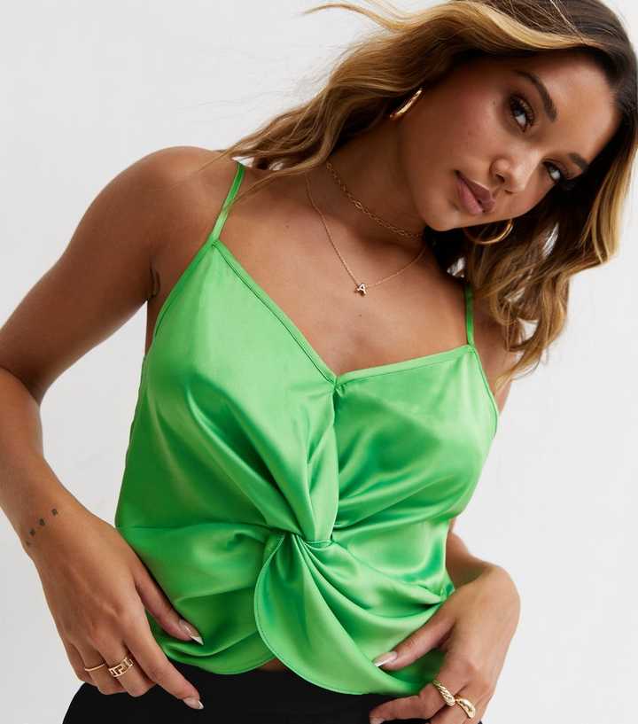 Green Satin Knot Front Cami | New Look