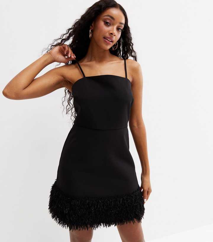 Black Strappy Faux Feather Hem Mini Dress