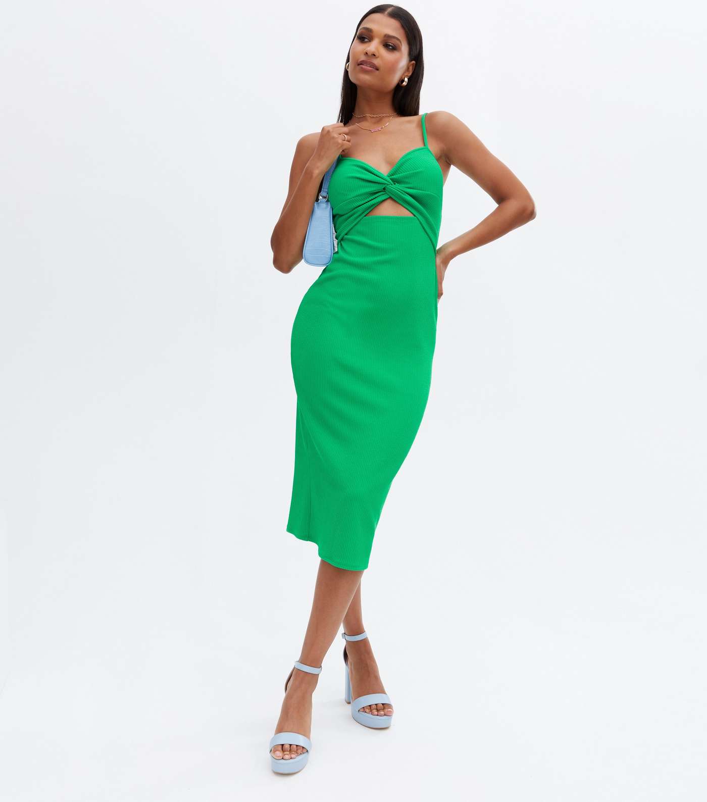 Green Ribbed Twist Cut Out Midi Bodycon Dress Image 2