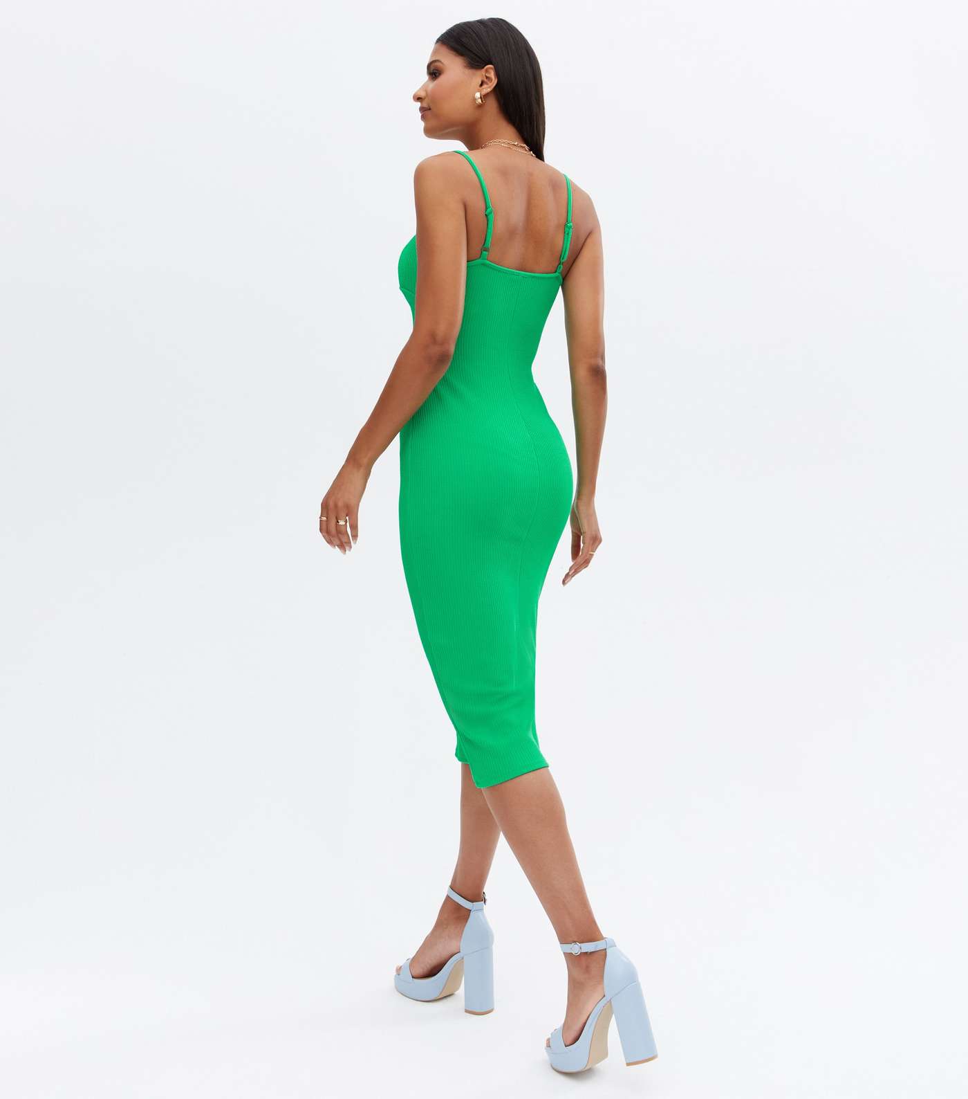 Green Ribbed Twist Cut Out Midi Bodycon Dress Image 4