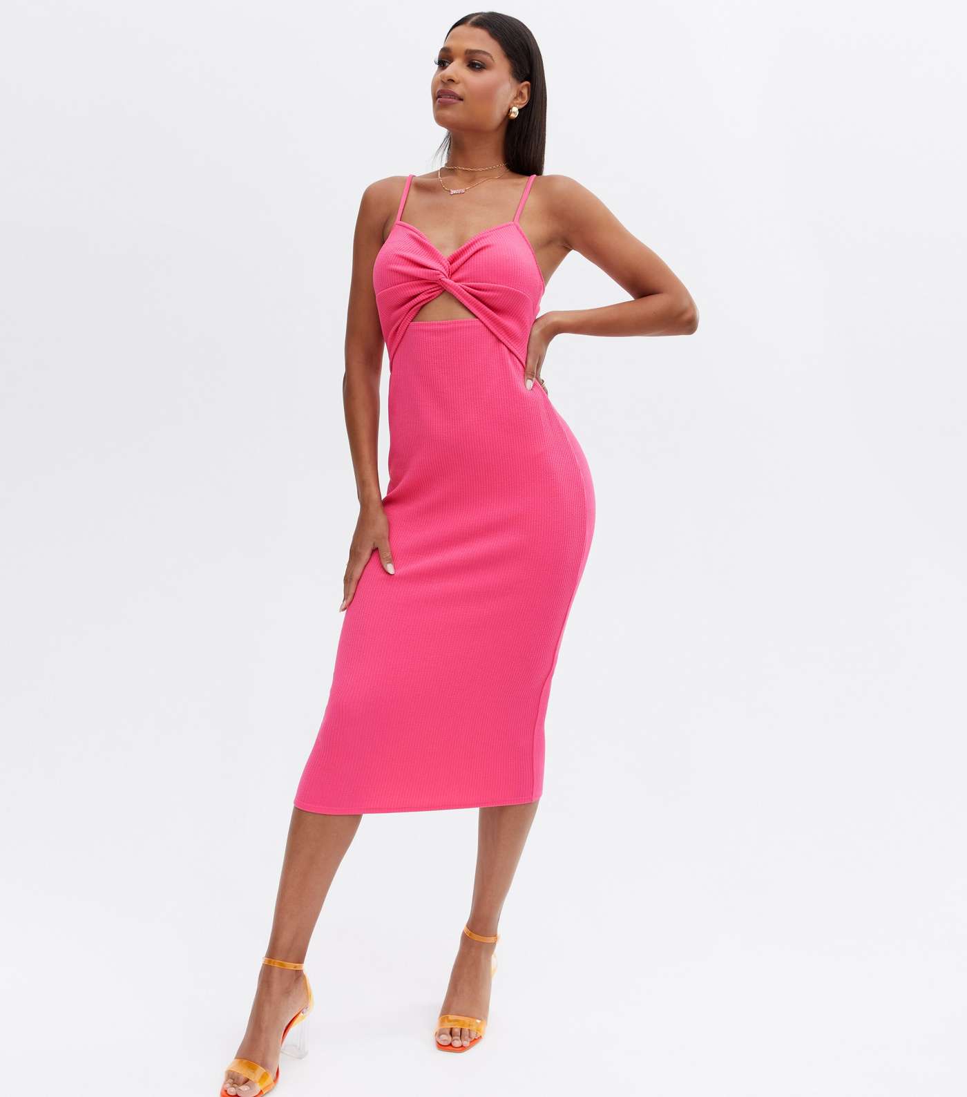 Bright Pink Ribbed Twist Cut Out Midi Bodycon Dress Image 2
