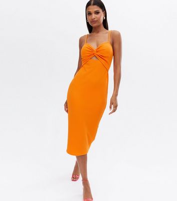 Bright Orange Ribbed Twist Cut Out Midi 