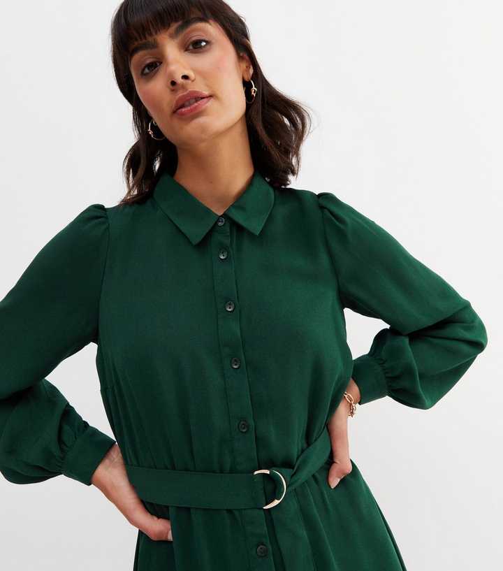 New Look Women's Dark Green Belted Mini Shirt Dress - UK 14