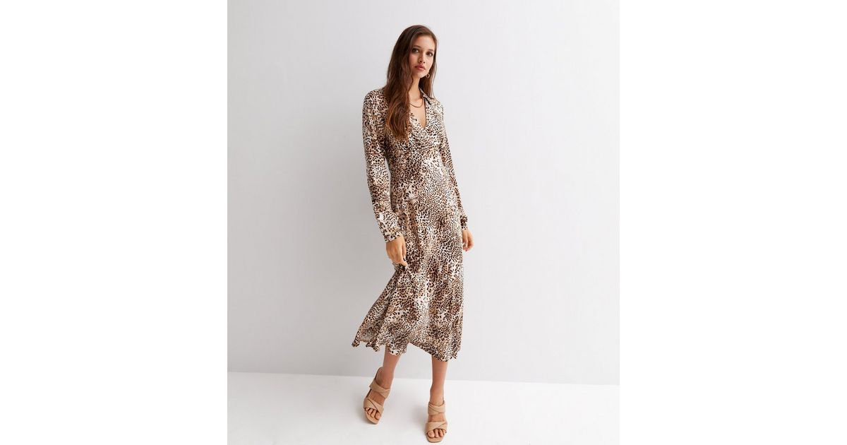 Brown Animal Print Collared Long Sleeve Midi Wrap Dress New Look