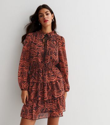 Pink Paisley Chiffon High Tie Neck Tiered Mini Dress