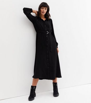 Black Belted Long Sleeve Midi Shirt Dress