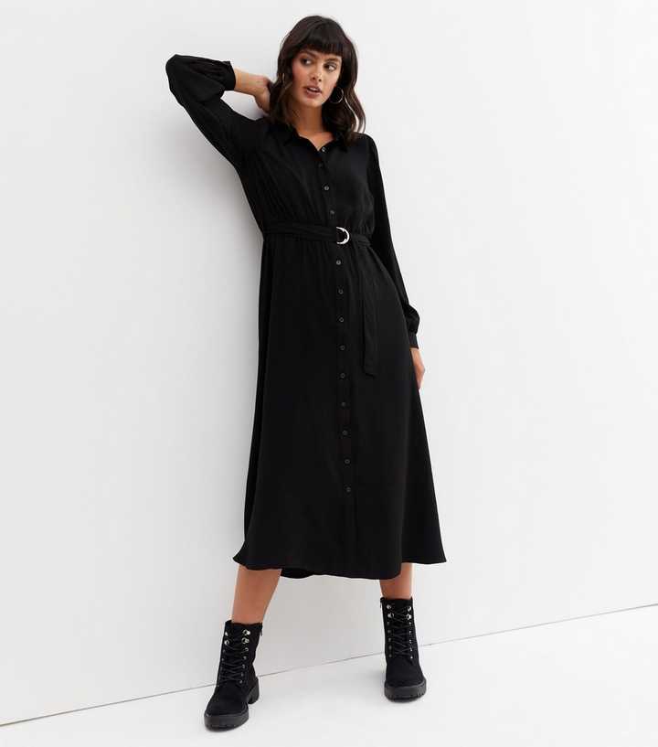 Black Belted Long Sleeve Midi Shirt Dress